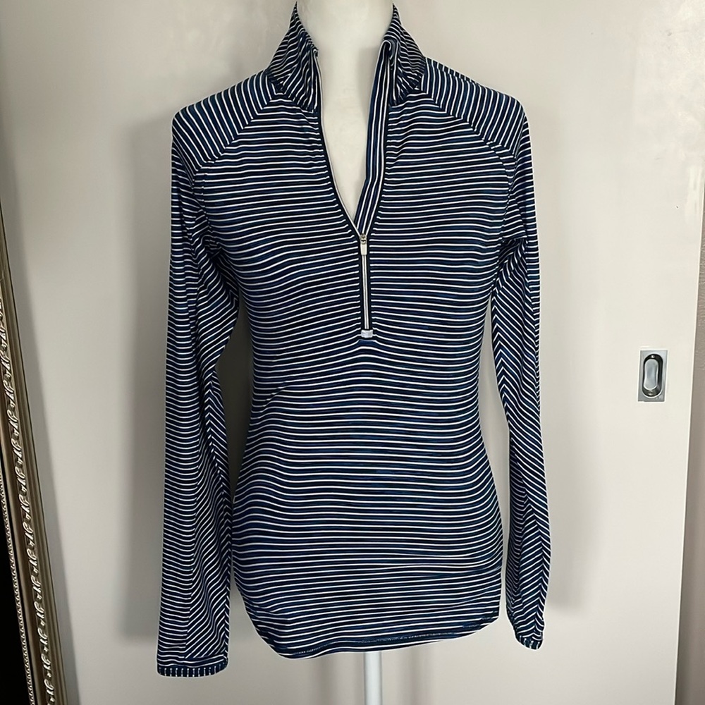 Athleta Blue and White Stripe Quarter Zip Pullover